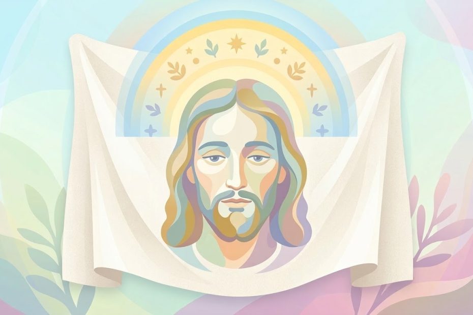 Contemplation de la Sainte Face - l'empreinte douce et lumineuse d'un visage serein du Christ sur un voile